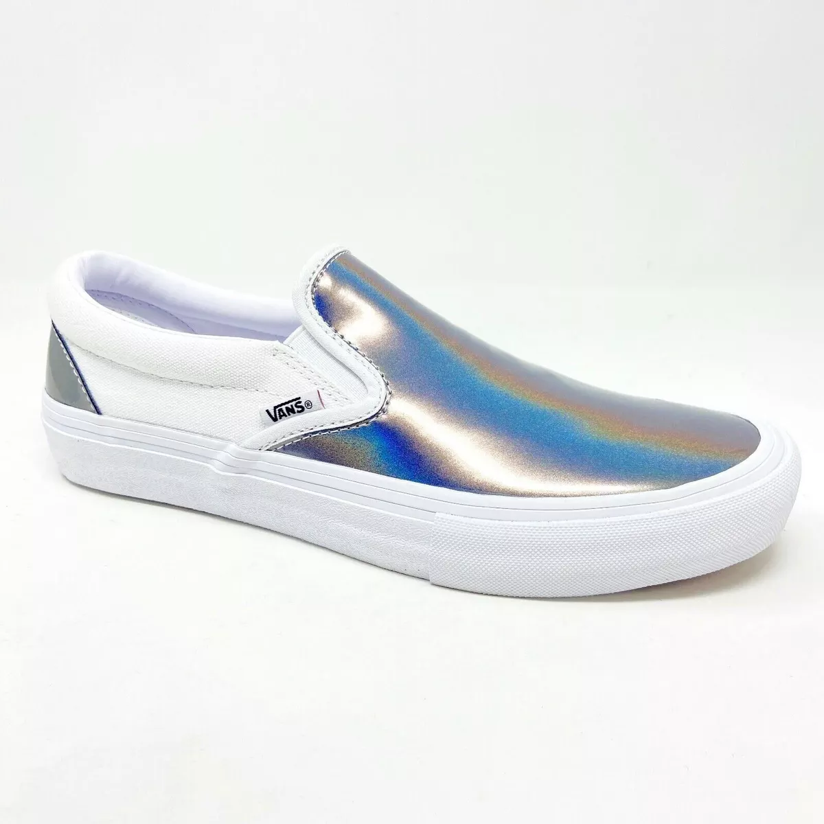 Vans Slip On Pro Iridescent Silver True White Mens Laceless Casual Shoes