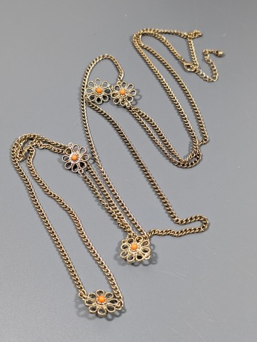 Retro Antiqued Gold Tone Orange Flower Station Very long Chain Necklace Opera - Picture 2 of 8