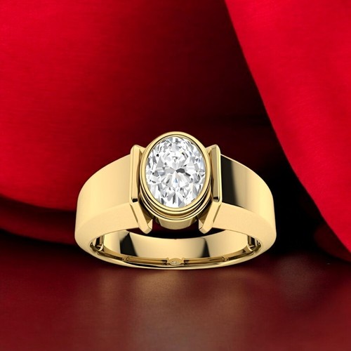Lab Created Diamond Mens Engagement Ring 0.70 Ct Oval Solid 18K Yellow Gold Band - Picture 2 of 9