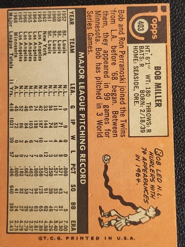 1969 Topps - #403 Bob Miller - Picture 2 of 18