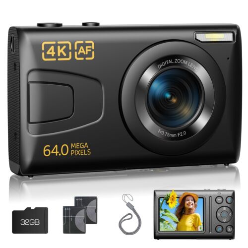 Portable 4K Digital Camera 64MP 2.4'' LCD Compact Vlogging Camera 18X Zoom 32GB