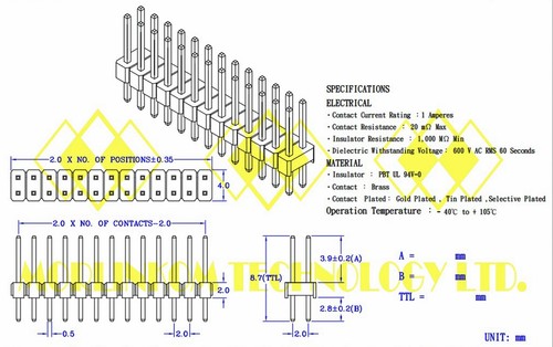 50x Dupont 2.0mm 2mm Male Pin Header Dual Row H=8.7mm 2x10P 2x10 ( 870-20 ) RoHS - Picture 4 of 4