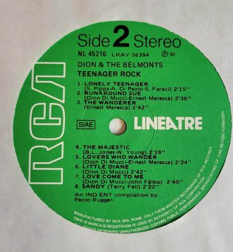 Teenager Rock DION & THE BELMONTS 1982 Italy RCA Linea Tre NL 45216 Doo-wop EX - Picture 3 of 3