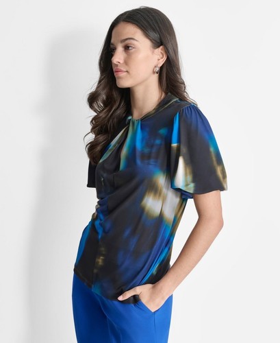 Dkny Women's Short-Sleeve Twist-Neck Blouse - Lapis Blue Size Large - Picture 2 of 3
