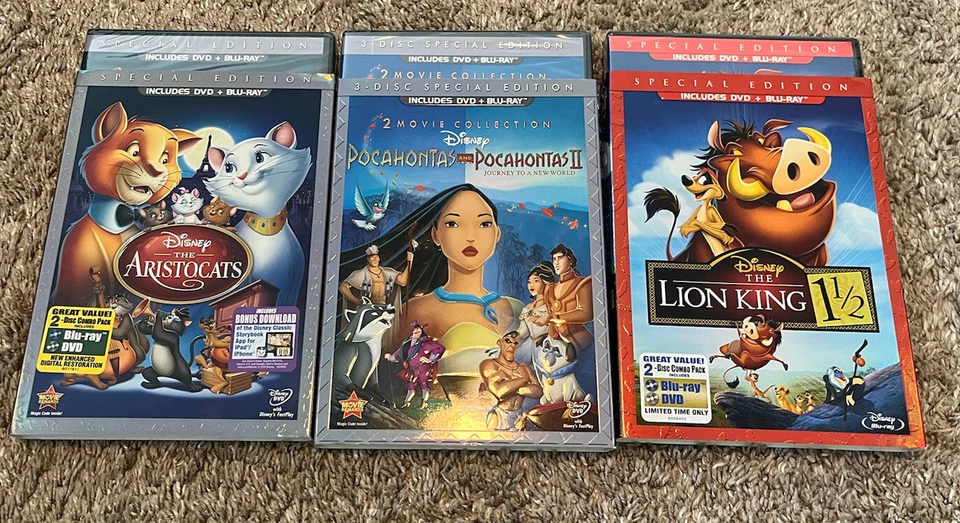 Disney Pocahontas Lion King Aristocats DVD +Blu-ray 3Disc Special Ed Slip Cover Foto 2 de 4