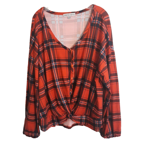 Absolutely Famous Top Women 2X Red Black Buffalo Plaid Front Knot Tie Button Up