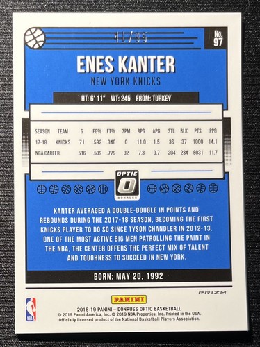 ENES KANTER 2018-19 Donruss OPTIC Basketball #97 Purple Fast Break PRIZM /95 - Picture 2 of 2