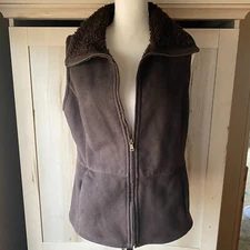 Talbots Zip Up Vest Brown Faux Suede Sherpa Lined  M pockets outdoor jacket
