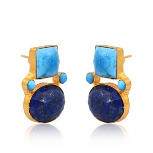 18K Gold Multi Gemstone Turquoise and Lapis Stud Women Wedding Earring Jewlery - Picture 2 of 8