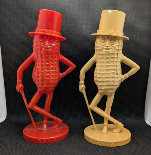 Vintage 60er Jahre Kunststoff Mr. Peanut Übertöpfe Erdnüsse Bank 2er Set rot gelb