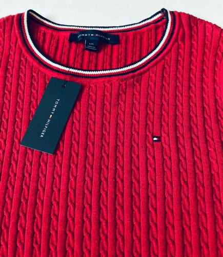 Tommy Hilfiger womens Cable knit sweater Size L XL Red Flag logo Short Sleeve - Picture 2 of 6