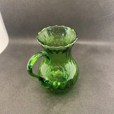 Green Glass 4 1/2” Pitcher Creamer Ribbed Syrup Optic Vase Applied Handle