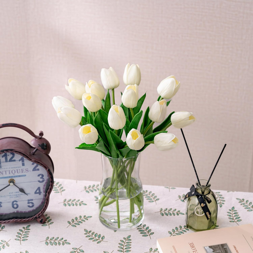 White Tulips Artificial Flowers with Vase, 15 Pcs Faux Tulip Stems in Vase, Real - Picture 7 of 12