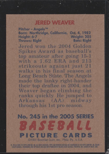 Jered Weaver (Angels) 2005 Bowman Heritage Rookie #245 Mint+ - Picture 2 of 2