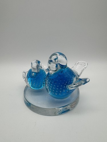 Art Glass Mother & Baby Birds Paperweight Controlled Bubbles Blue Made in Sweden - Picture 6 of 11