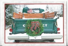 NOS LEANIN' TREE Christmas Card 6.75x4.75 Patriotic Chevrolet Truck Wreath Snow
