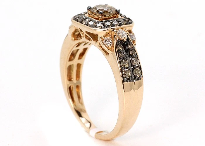 14k Rose Gold Round Diamond Halo Brown Cognac Bridal Wedding Engagement Ring Set - Image 3 of 4