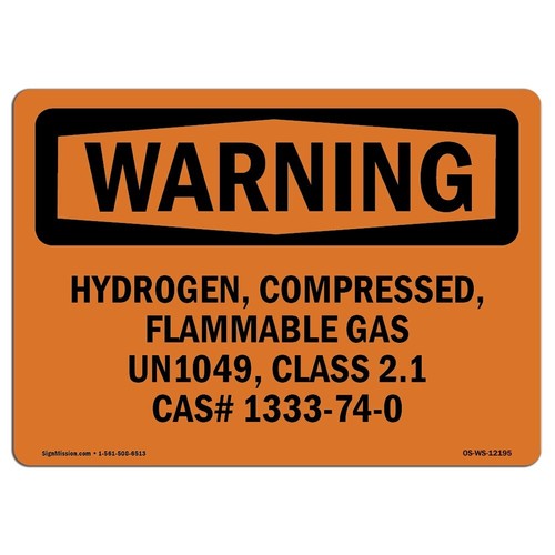 OSHA Waring Sign - Hydrogen, Compressed, Flammable Gas Un1049, | Rigid Plasti...