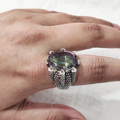 NATURAL MYSTIC TOPAZ GEMSTONE 925 STERLING SILVER CHRISTMAS HEAVY MENS RING - Picture 5 of 9