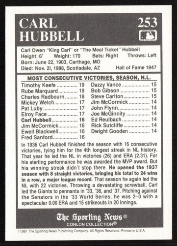 Carl Hubbell 1991 Conlon Collection TSN #253 New York Giants - Picture 2 of 2