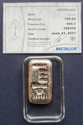 2021 Swiss Metalor 100 Grams 999 Solid Silver Bullion Bar Cert Number 398568