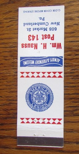 AMERICAN LEGION POST #143 MATCHBOOK COVER: NEW CUMBERLAND, PA MATCHCOVER -A9 - Picture 2 of 2