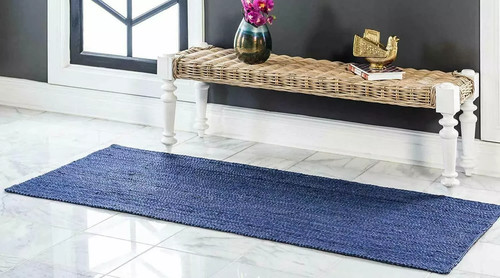 Handwoven Blue Jute Area Rug Natural Fiber Floor Carpet Durable Modern Solid Rug - Picture 6 of 13