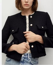 Mango Black Tweed Jacket Gold Crest Button Frayed Trim Cropped Blazer Small