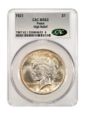 1921 Peace Silver Dollar CACG MS 62 CAC Peace High Relief