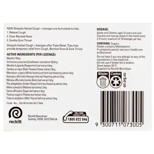 Strepsils Herbal Cough + Lozenges Honey Lemon 16 Pack - Picture 2 of 2