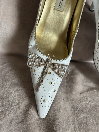 Manzo & Franco Italian Rhinestone Dragonfly Heels White Womens 10W/11 Rare - Picture 3 of 14