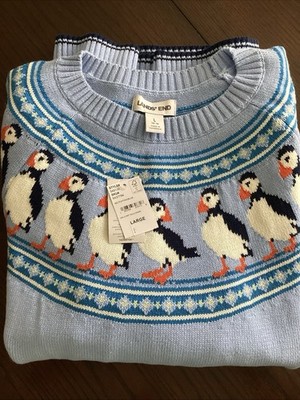 Land's End PUFFIN Drifter Jacquard Raglan Crew Neck Sweater NWT Size Large