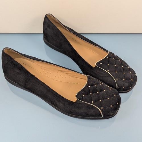 Comfortview Damengröße 11 W schwarze Veloursleder-Ballerinas goldene Nieten Schuhe