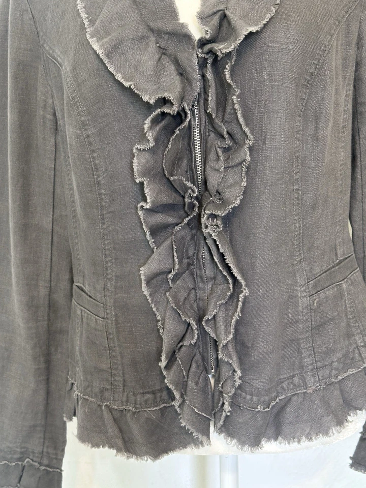 INC INTERNATIONAL CONCEPTS Size M Gray Linen Fringe Ruffle Zip Jacket Boho - Image 2 of 4