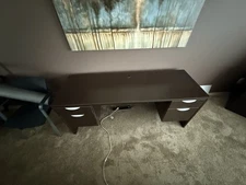 Vintage Lacasse Office Desk – Woodgrain Laminate – 5 Drawers – Mid-Century MCM