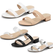 Women Slip On Slides Sandals Low Block Heels Two Straps Summer Mules Sandals