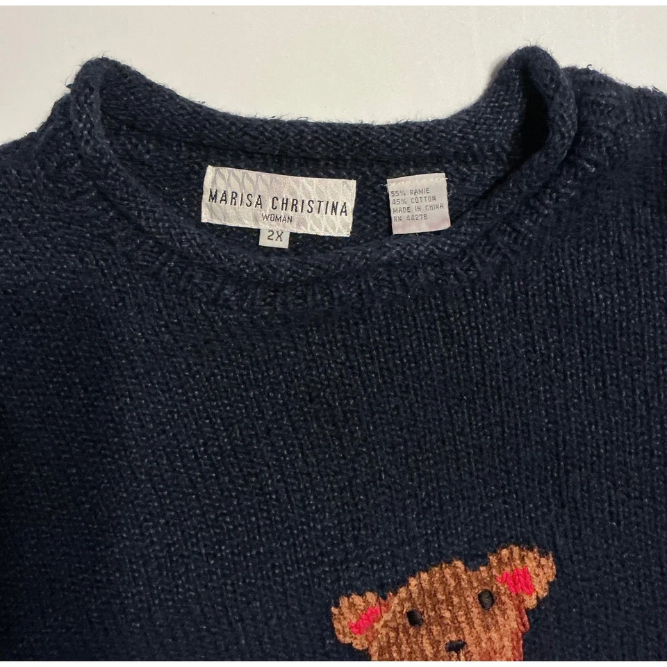Suéter de Colección 2000 Marisa Christina Azul Marino Año Nuevo Oso de Peluche Bordado para Mujer 2X Tejido Foto 3 de 4