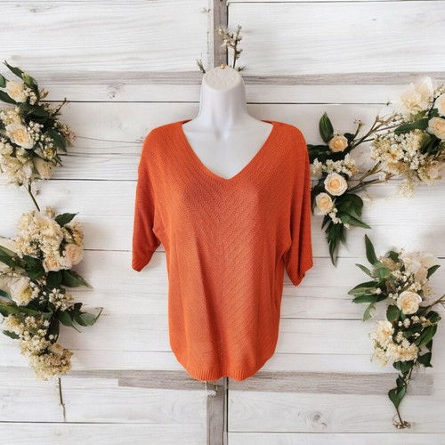 NEW Women's Dokotoo Short Sleeve V Neck Open Knit Blouse Orange Size Small NWT - Picture 3 of 6