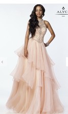 Alyce Paris Blush Beaded Layered Chiffon Ball Gown Dress High Neck Sleeveless