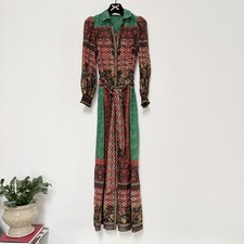Alice + Olivia Silk Cotton Beverly Button Front Maxi Dress Small Red Green