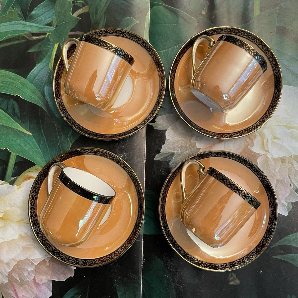 Antique Noritake Luster Ware Hand Painted Floral Demitasse 4 Sets Cups & Saucers - Image 2 of 4