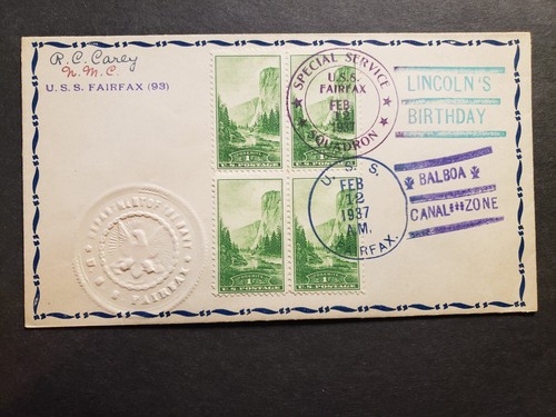 Destroyer USS FAIRFAX DD-93 Naval Cover 1937 LINCOLN Cachet BALBOA, CANAL ZONE - Picture 1 of 2