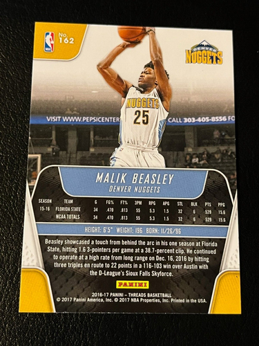 2016-17 Panini Threads Malik Beasley RC Rookie #162 Denver Nuggets - Picture 2 of 2