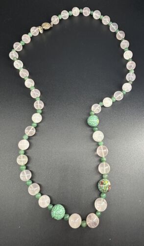 Les Bernard Rosenquarz Aventurin chinesische Cloisonné Halskette 30" Silber Verschluss - Bild 10 von 16