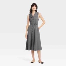Women's Tie-Waist Midi Shirtdress - A New Day Gray L