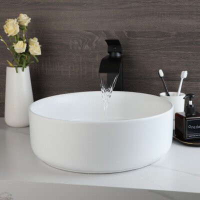 Ceramic Vessel Sink White Round Washing Bowl Deck Mounted Waterfall Mixer Faucet
