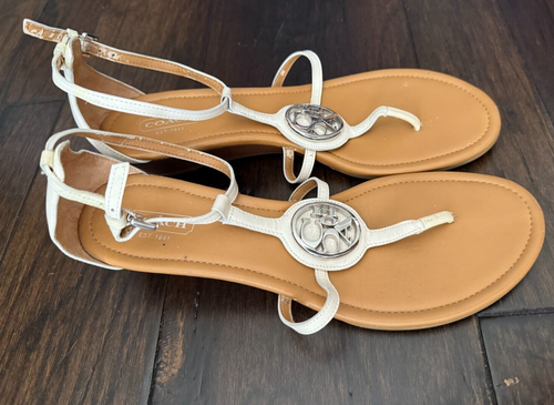 Coach A1584 Vipor Mini Wedge Sandals Shoes Patent Leather Ivory Tan Logo 9.5 - Picture 3 of 6
