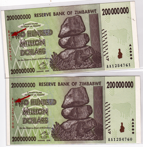 Mazuma *F1628 Zimbabwe 2008 200000000 Million Dollars AA1254760-761 2 Run UNC - Picture 1 of 2