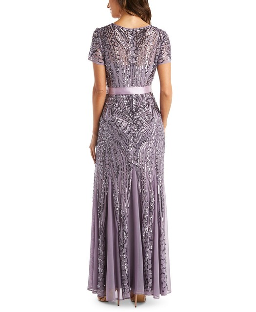 r & m richards short sleeve sequin evening gown