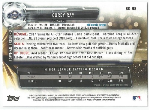 Corey Ray Milwaukee Brewers 2017 Bowman Draft Baseball - Picture 3 of 3